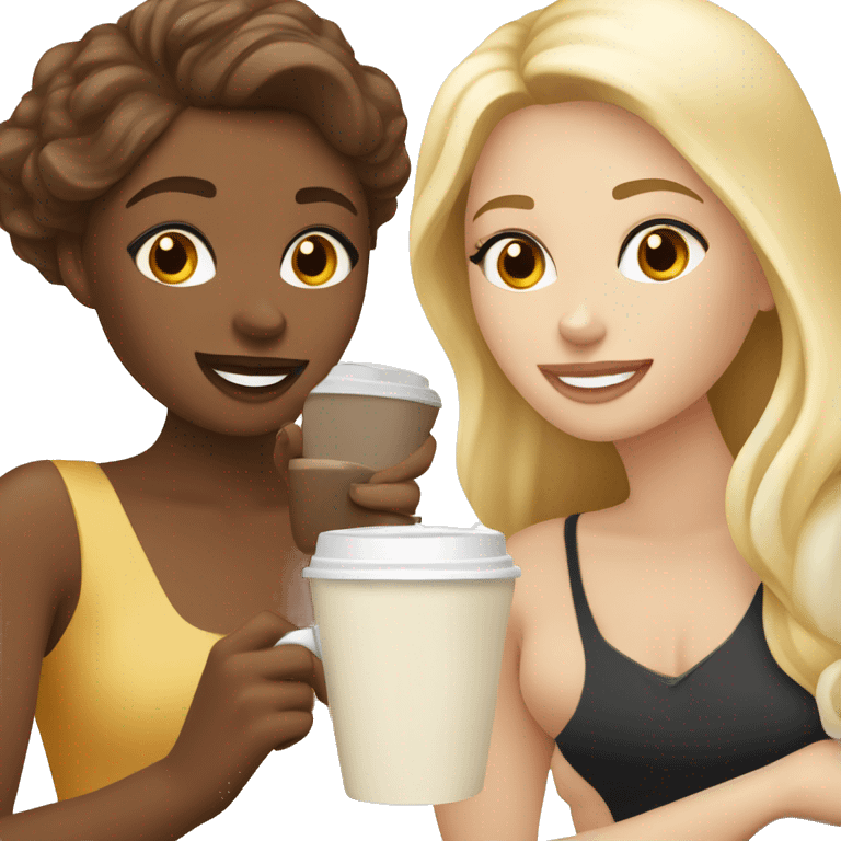 Four beautiful white european girls, one with blond hair and three with dark blond hair in dresses have coffee emoji