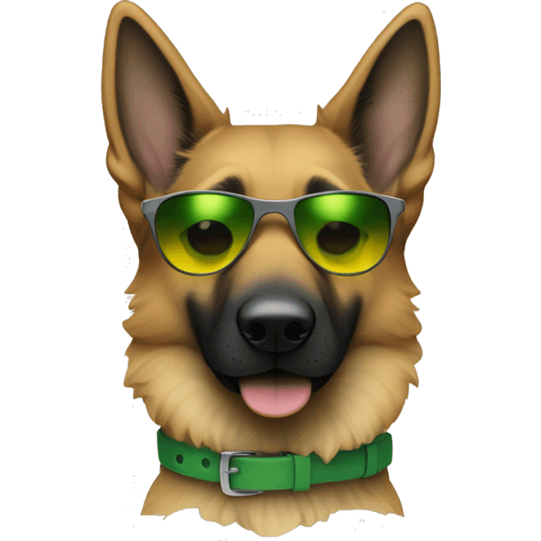 Slim weak german shepherd with green-yellow belt and black sunglasses and hair colour gray-brown  emoji