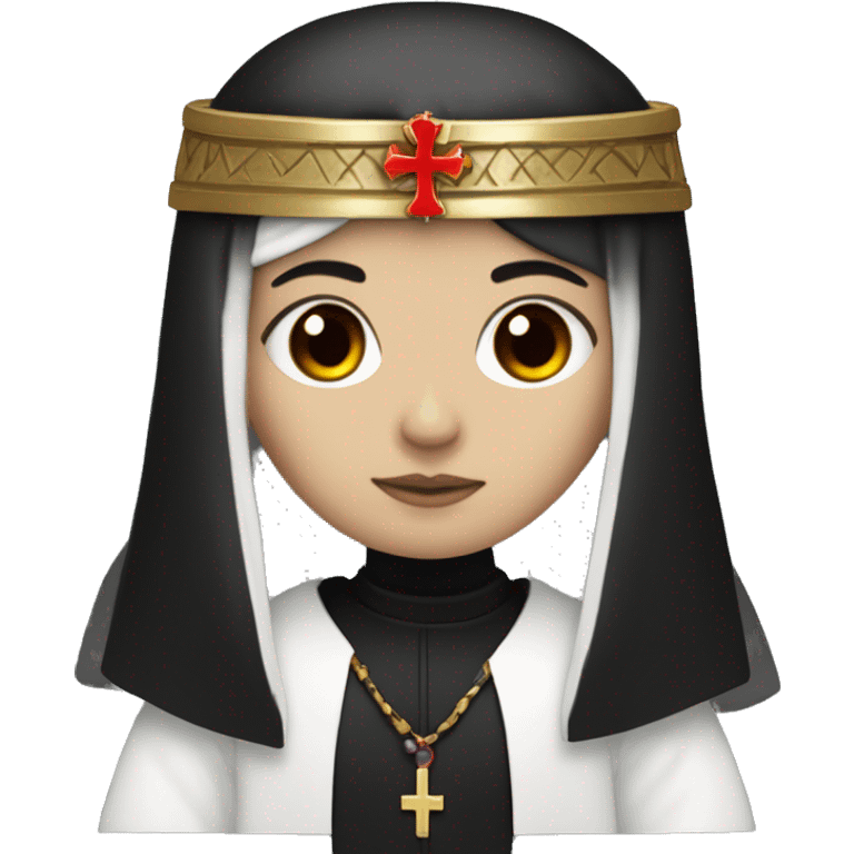 white emo girl with black hair, red eyes, dressed as an Anglican priest with flowing robes, wearing a pharaoh headdress in black and red emoji