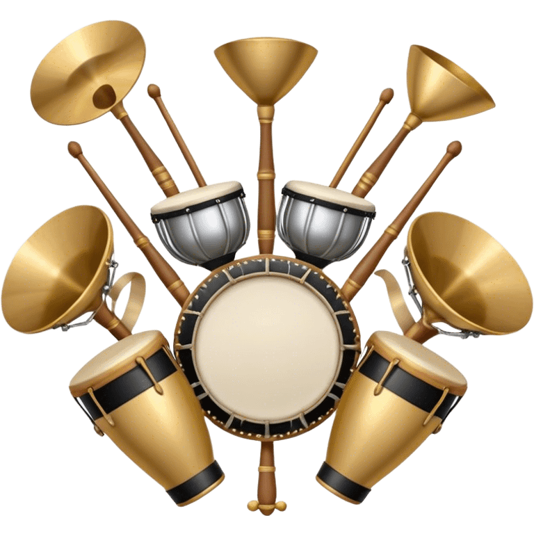 Create a heraldic, festive, and professional emblem-like emoji representing percussion instruments. The design should resemble a traditional crest, featuring a range of percussion instruments like cymbals, triangle, tambourine, maracas, timpani, and other traditional and folk percussion instruments. Arrange them symmetrically, with elements like cymbals crossing each other, a triangle at the center, and timpani or drums flanking the sides. The instruments should be depicted with metallic and wooden tones—shiny brass for cymbals, silver for the triangle, and rich wood or polished bronze for drums. Include ornate details like engraved patterns on the instruments, decorative swirls or laurels, and subtle accents to add elegance and festivity to the composition. The overall design should be cohesive, balanced, and visually striking, suitable for use as a prestigious emblem. The background should be transparent. emoji