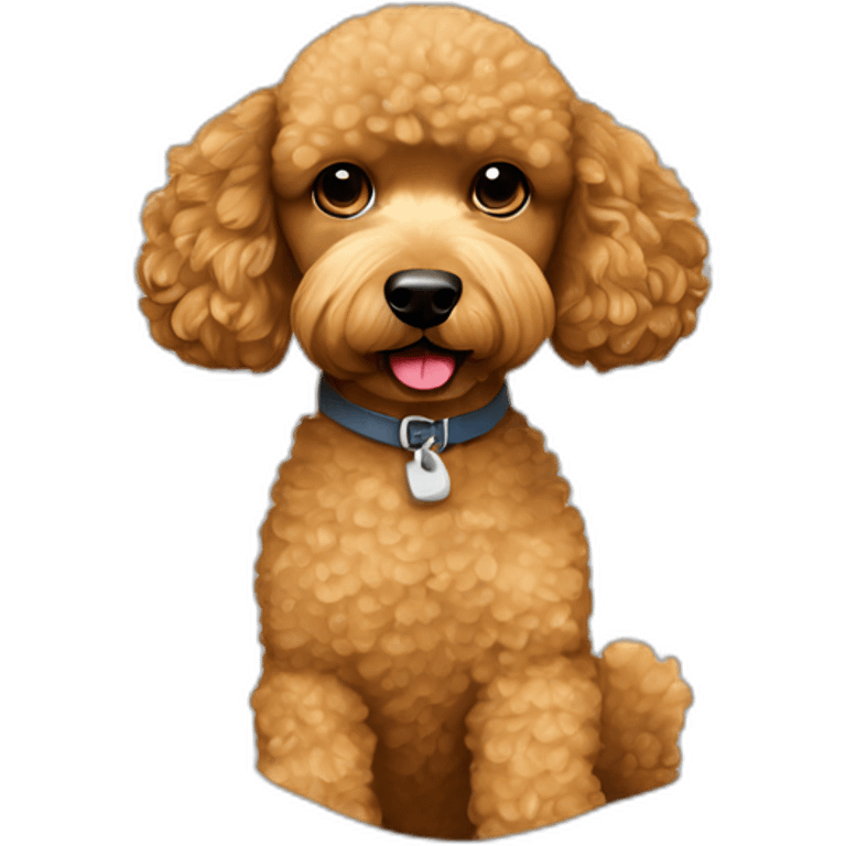 Light brown poodle seated and wearing a t-shirt with Eddie Vedde’s face printed emoji