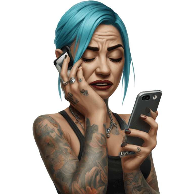 Hyper Realistic Beautiful tattooed woman crying holding a phone  emoji