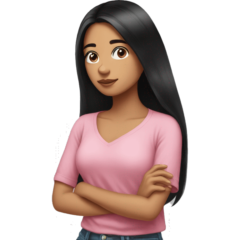 beautiful girl, long black hair, pink shirt, looking over her shoulder, Mexican  emoji