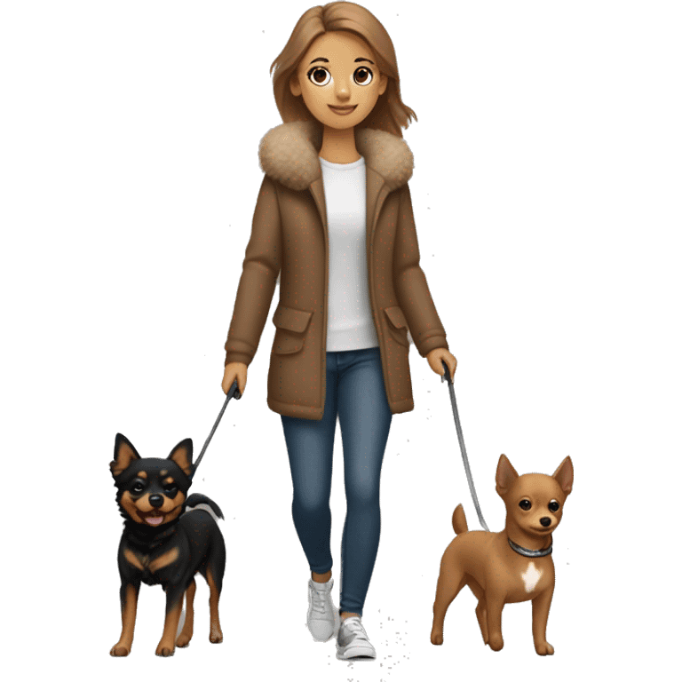 A light brown haired girl, walking one mini black and tan miniature Pinscher and one big fluffy light brown Spitz on the lead emoji