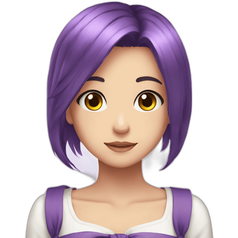 anime girl with purple hair with a white ribbon in it and hazel eyes emoji