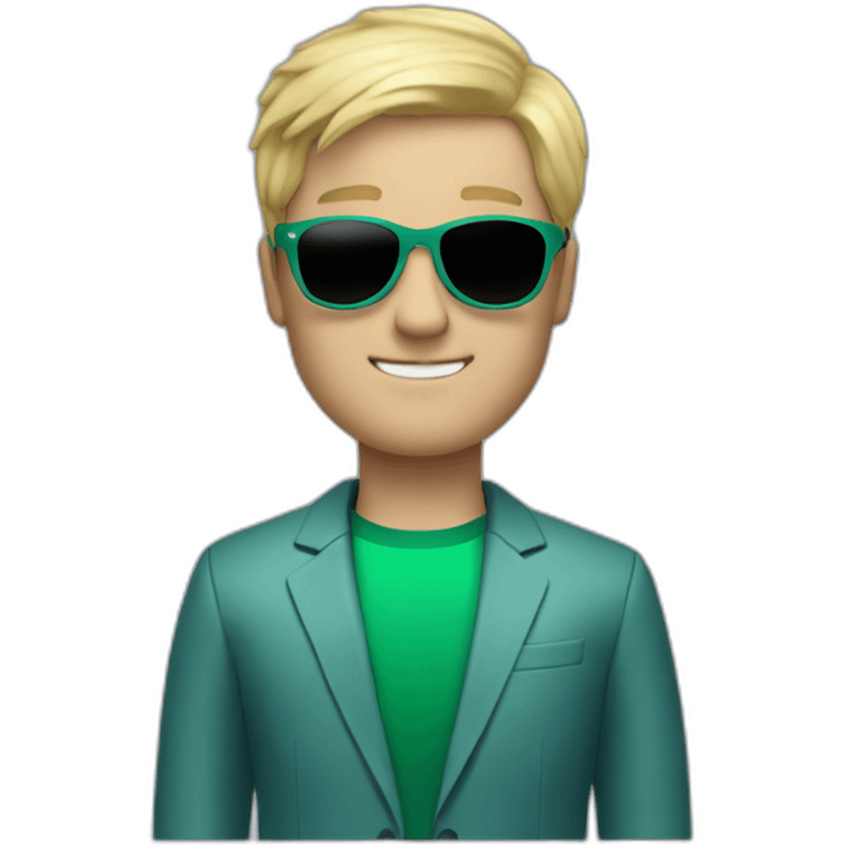 white guy in gradient green blue suit with blonde hair and black sunglasses standing with black adidas shoes emoji