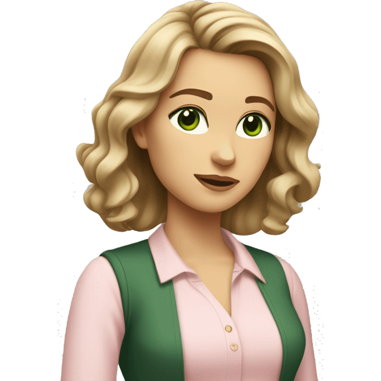 A young women with shoulder length slightly wavy dark blonde hair, dark green eyes wearing a light pink blouse, looking off to the side emoji