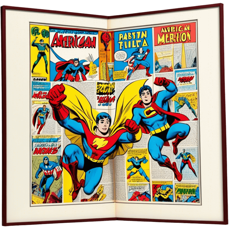 Create a detailed and vintage-inspired emoji representing comic books and graphic novels as a storytelling art form. The design should feature a large, open comic book with pages filled with classic American comic book panels. Include bold, dynamic lines and vibrant colors typical of vintage comics. A pencil (without a hand) should be writing text on the page, symbolizing the creation of the story. The overall design should evoke the classic feel of old-school comic books while incorporating the process of creating a graphic novel. Use rich, bold colors like red, yellow, and blue, and make the background transparent emoji