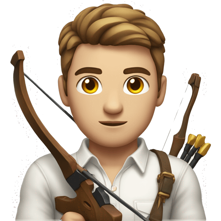 a male, aiming with a bow, facing  his target, eyes closed, wearing a white shirt, very short brown hair, bright skin, only show upper part of the body from waist up emoji