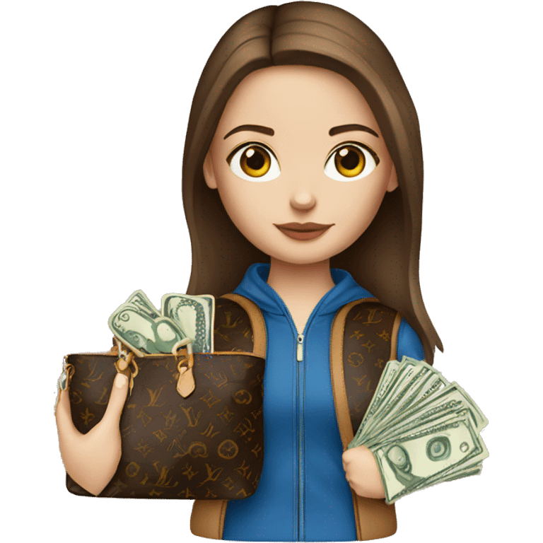 Girl with brown hair and blue eyes wearing louis vuitton bag with money emoji