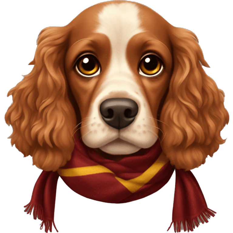 red dog Cocker Spaniel with brown nose and brown eyes in scarf of Gryffindor faculty emoji