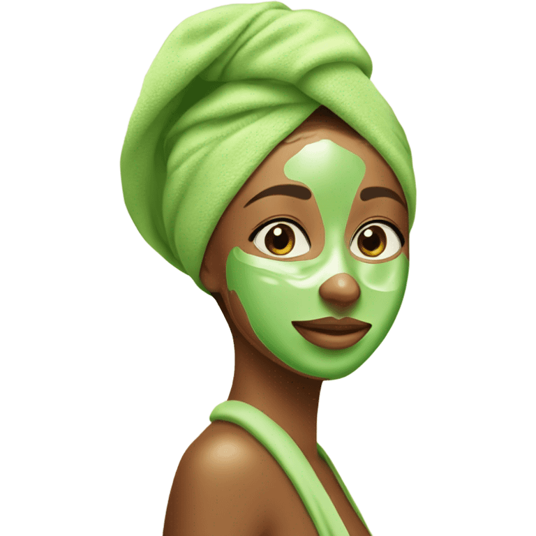 Tan Girl with towel on her head and green skincare mask on emoji