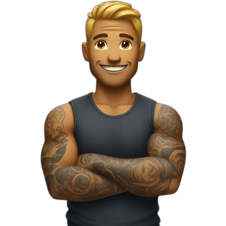 tattooed man smiling with arms crossed emoji