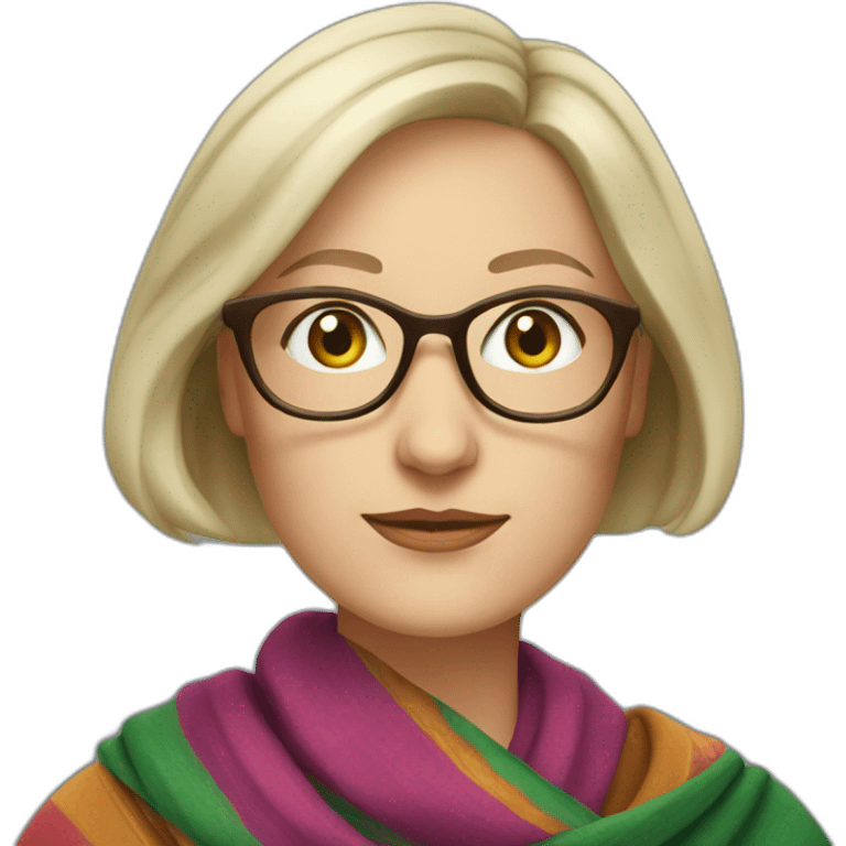 white-woman-with-graying-blonde-short-bob-green-eyes-and-brown-glasses-wearing-colorful-shawl emoji