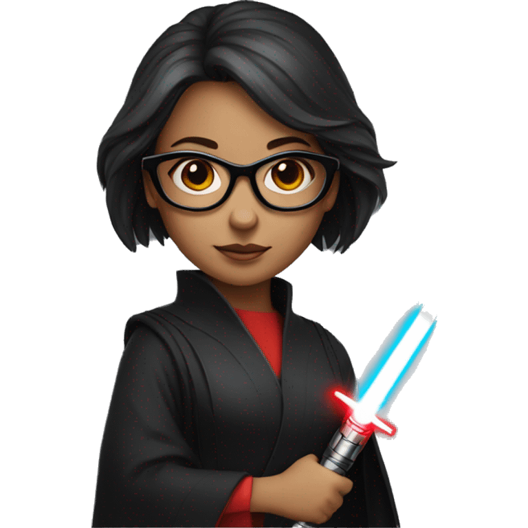 A girl with glasses with a red lightsaber emoji