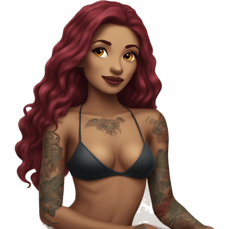 Beautiful tattooed burgundy long haired woman laying on the beach emoji