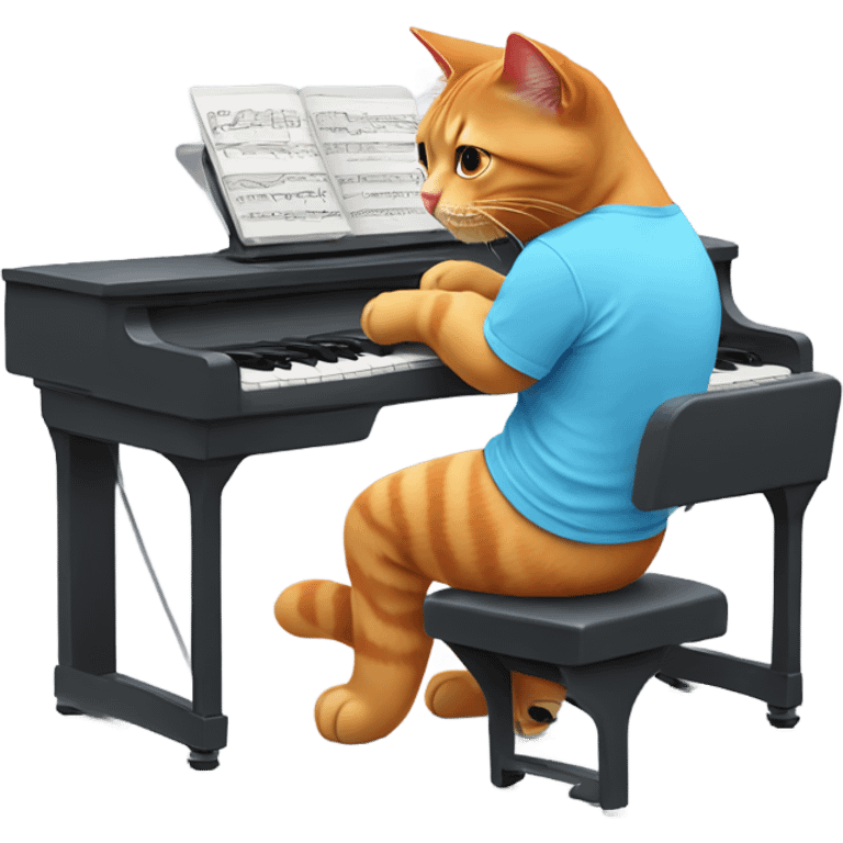 tan-red cat wearing a light-blue t-shirt and a blue base cap taps musical keyboard emoji