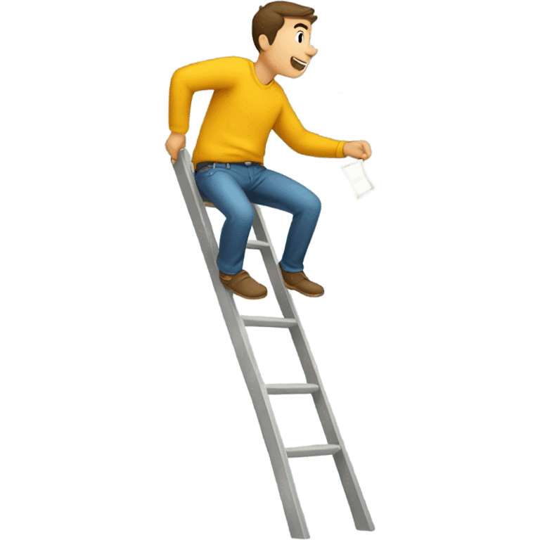 Young man climbing a ladder with money falling out of his pockets emoji