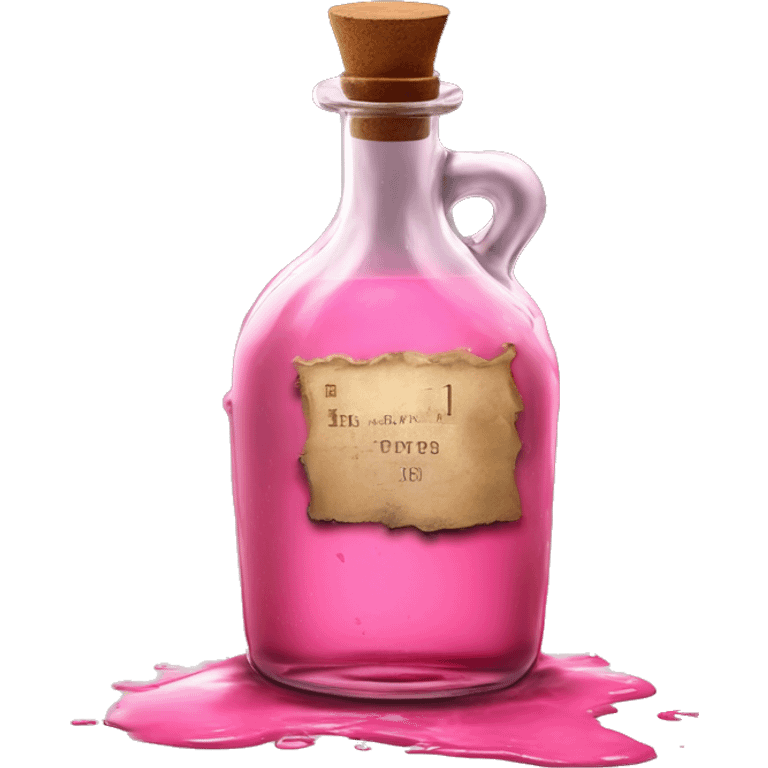 Mysterious Alchemical vintage glass potion bottle, exquisite bottle shape, old and shabby, with label, stylish and minimalistic, brown and pink, oil potion is poured out of the bottle, oil is spilled next to it emoji