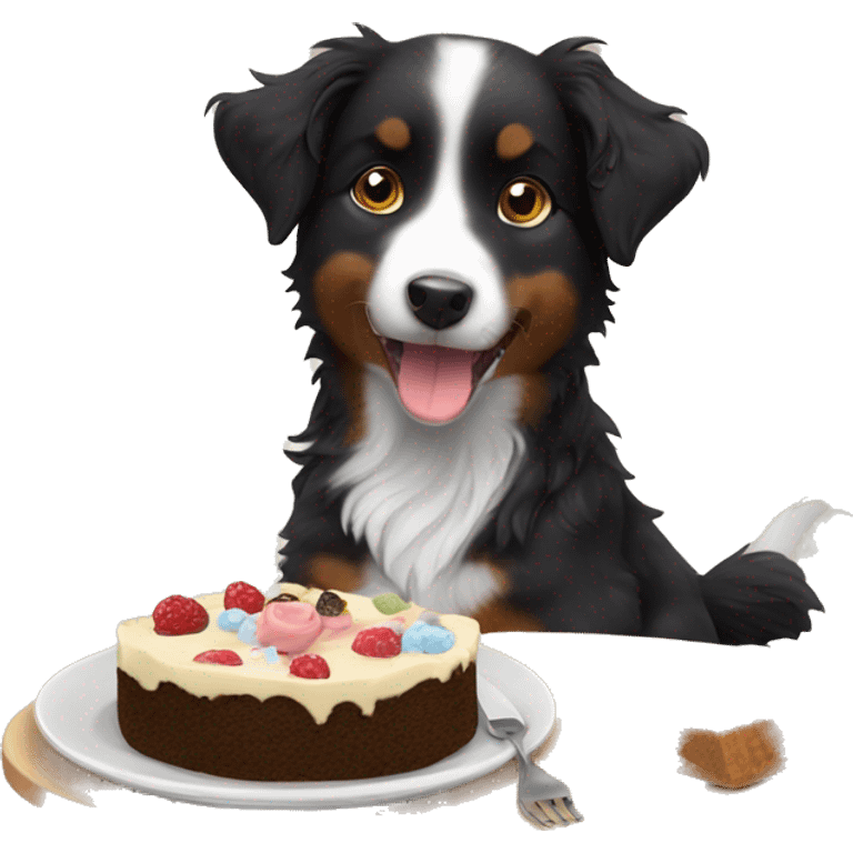 Small black australian shepherd dog eating dessert  emoji