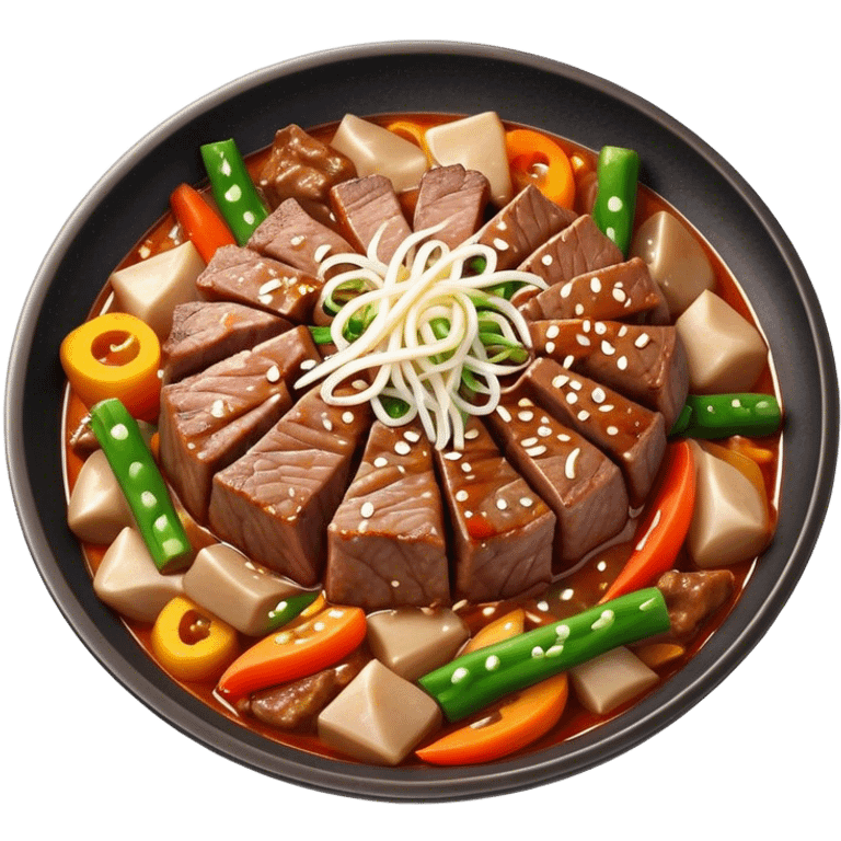 Cinematic Realistic Bulgogi Dish Emoji, featuring tender, marinated beef stir-fried with vegetables rendered with dynamic textures and mouth-watering lighting. emoji