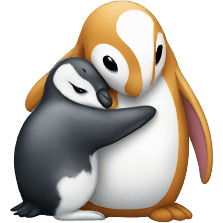 Lop eared rabbit hugging a penguin emoji