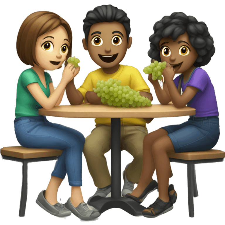 2 girls and 1 guy eating grapes under a table emoji