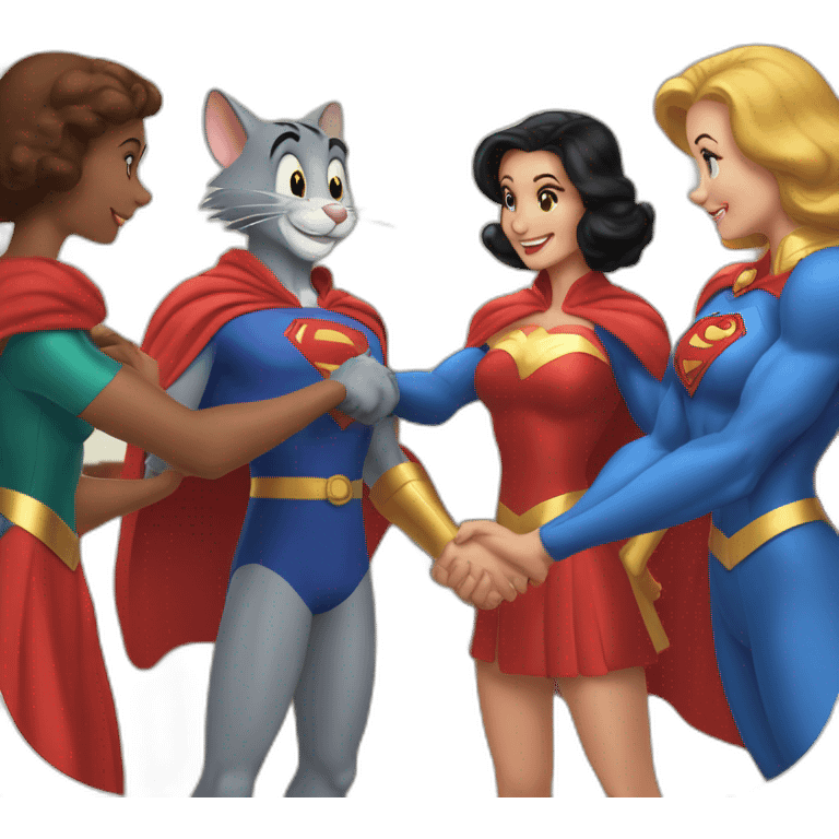 Tom and Jerry giving handshake to super women emoji