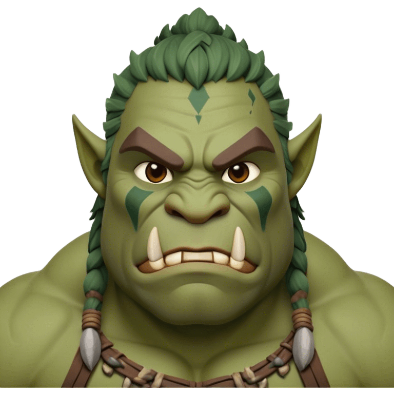 Cinematic Noble Ogre Portrait Emoji, Majestic and imposing, with a rugged, muscular form in deep earthy greens and browns, adorned with battle scars and subtle tribal markings, exuding calm, noble strength and unexpected wisdom, simplified yet strikingly detailed, glowing with a shadowy outline that captures the essence of a gentle giant with fierce heart! emoji