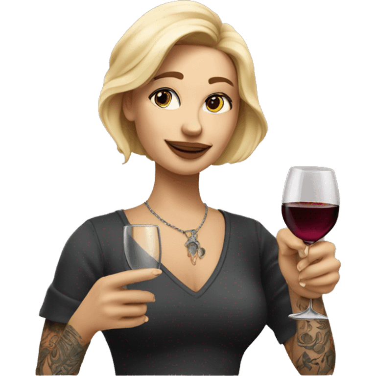 Create a hyper-realistic emoji of a blonde woman with tattoos, holding a glass of wine in one hand and pointing forward with the other, with an elegant and minimal design. emoji