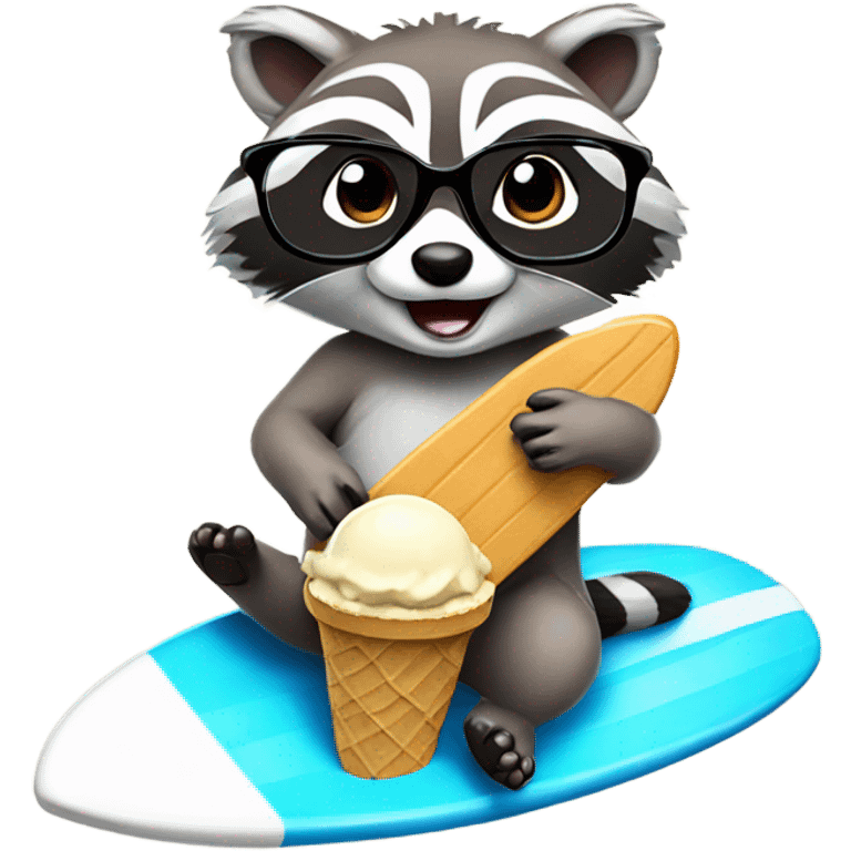 racoon wearing glasses eating ice cream and riding a surfboard emoji