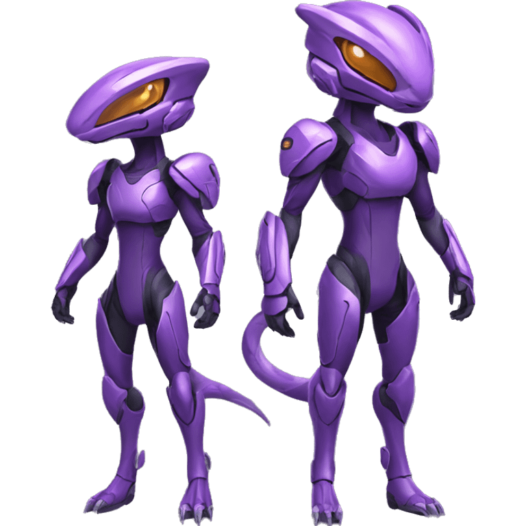 A purple Reptile-Raptor-Genesect-Mewtwo-Fakémon, with a futuristic visor-helmet, wearing a techwear-suit, Full Body emoji