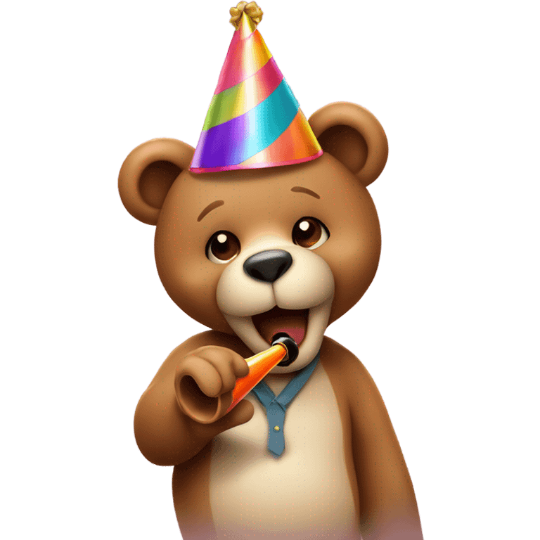 Cute teddy bear wearing a party hat and blowing a party pipe emoji