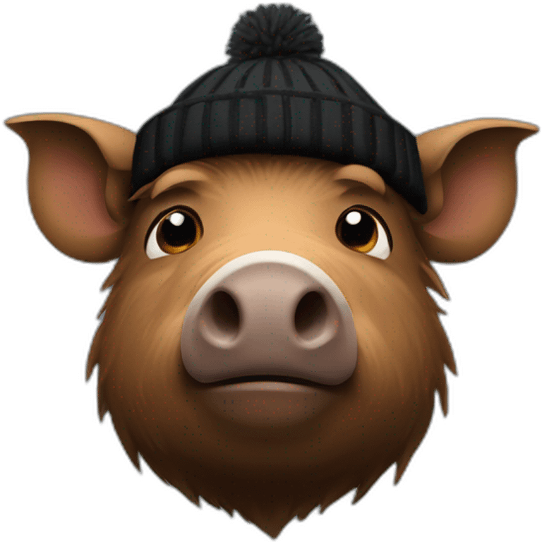 Really sad brown boar in a black winter hat emoji