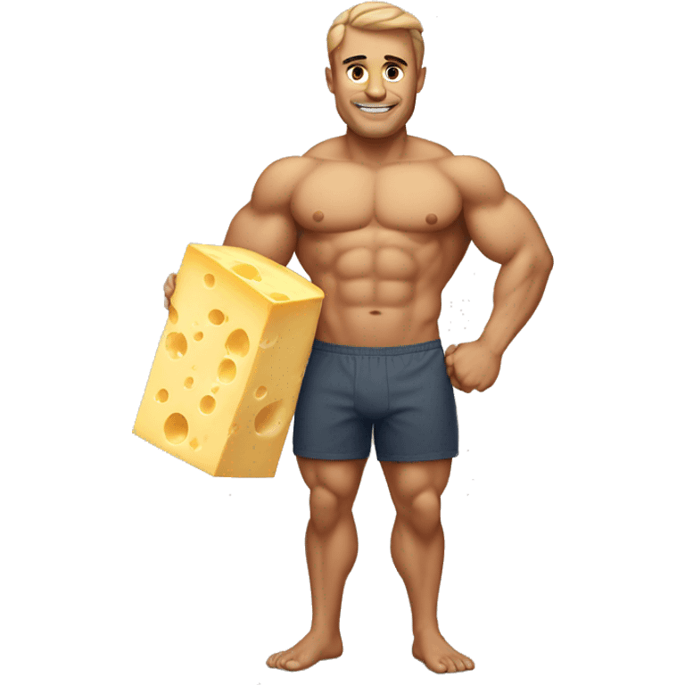 Buff guy with surf shorts and a block of cheese emoji