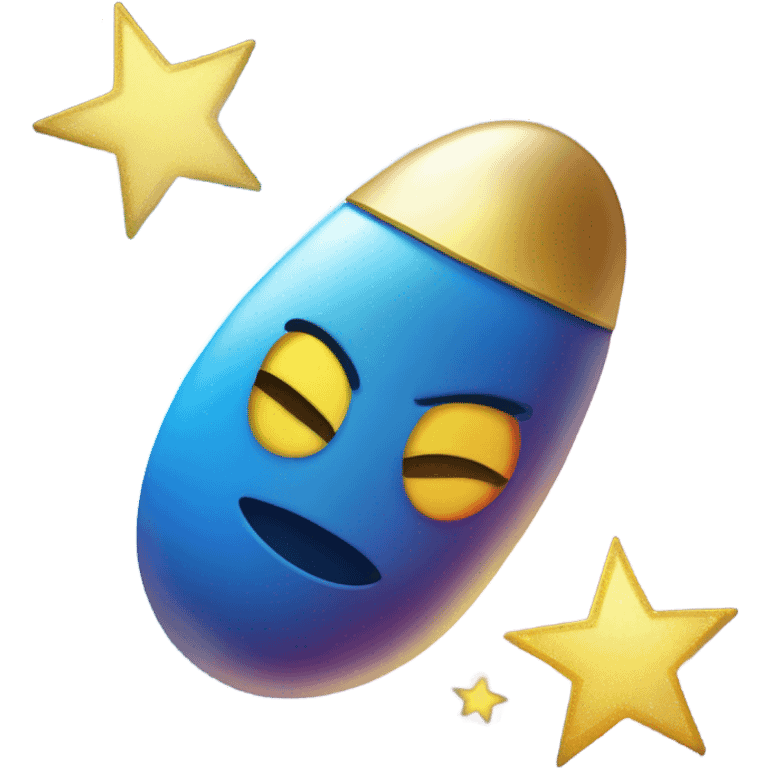 /imagine prompt: A magical pill emoji, glowing with a rainbow aura and sparkling stars around it. The pill is bright blue with a golden star in the center, floating in a pastel-colored background. The style is cute and cartoonish, like a playful emoji. emoji