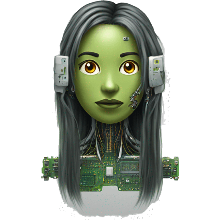 Olive green long hair female cyborg head with circuits emoji