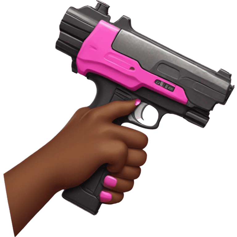 brown hand with pink nails holding large scary dark nerf gun emoji