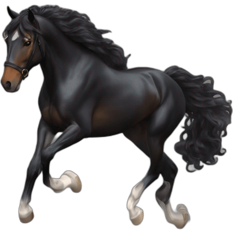 a  JET BLACK HORSE JUMPING AN OBTACLE, tHE HORSES RIDER IS A YOUNG FEMALE WITH LONG CURLY BRUNNET HAIR OF A REDDISH HUE emoji