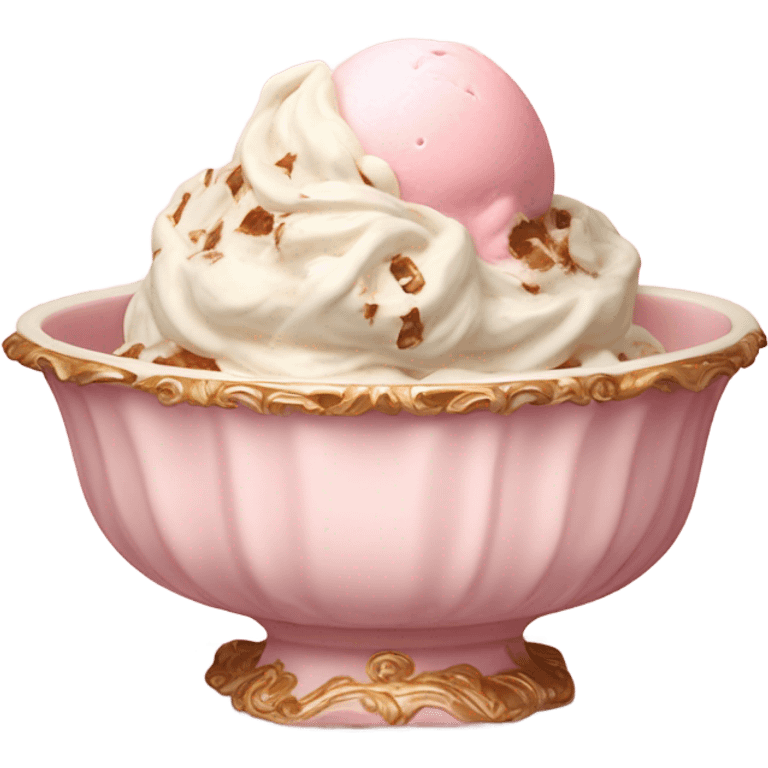 highly detailed vintage pale pink rococo bowl with ice cream emoji