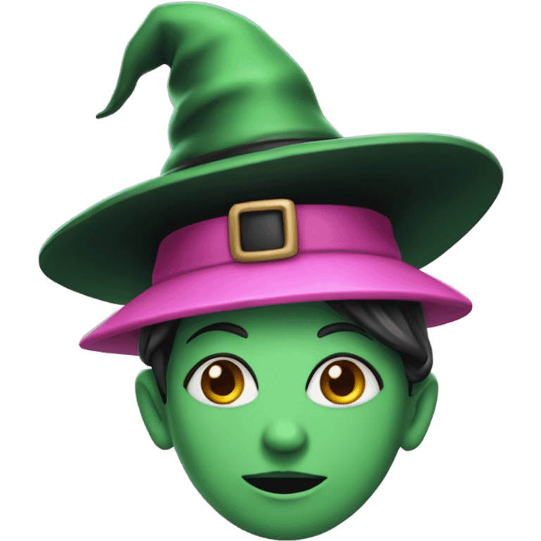 a witch with green skin wearing a pink top hat emoji