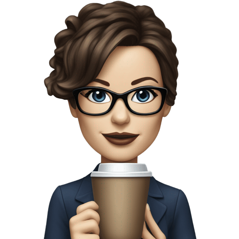 Hyper Realistic Kate Beckinsale dark blue eyes wearing glasses drinking coffee at a laptop  emoji