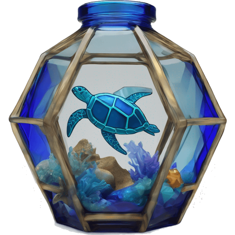 symbolic ocean in a bottle sculpture symbolizing Pisces with a geometric, faceted design sea turtle. The bottle is standing upright with angular and baroque features. The vibrant deep blue waves colors highlights the sharp edges and planes.  emoji