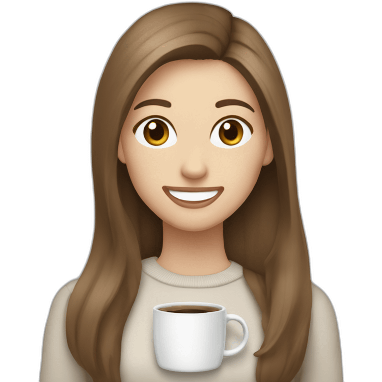 smiling woman pale skin middle brown long straight hair with a closed laptop and a coffee mug wearing a white woolly shirt having in a snowstorm emoji