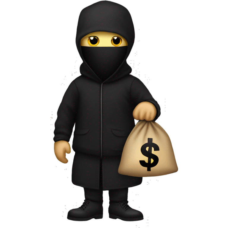 Thief wearing all black clothes actively stealing a money bag with the words Top Tier embroidered on it emoji