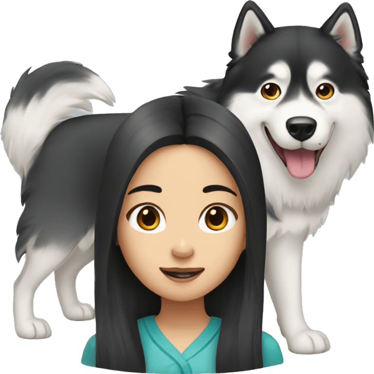 Long hair Asian Girl with husky dog emoji