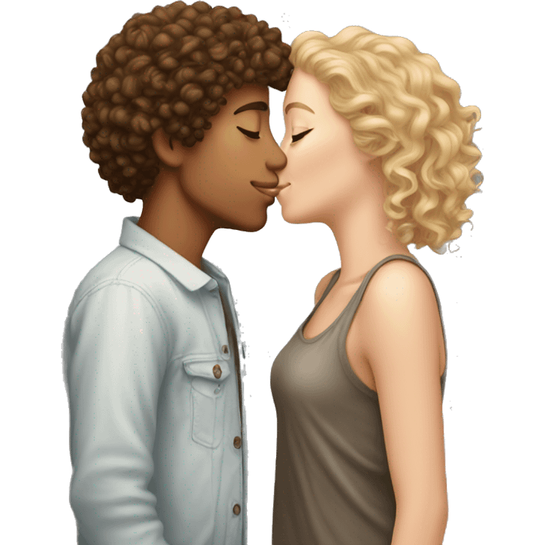 White boy kissing White girl with curly hair emoji