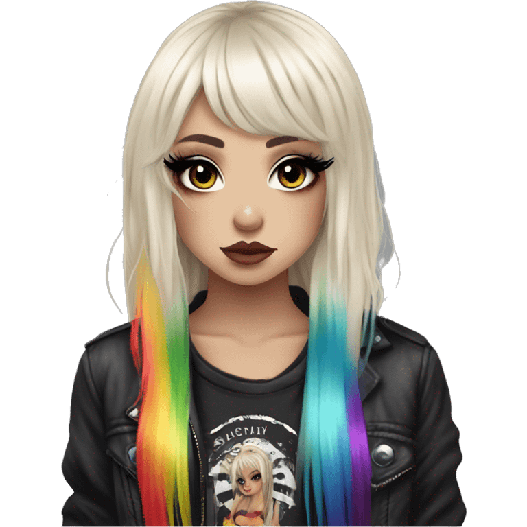 hime gyaru girl, long platinum blonde hair with rainbow fringe, tattoos, dark makeup, goth grunge clothes emoji