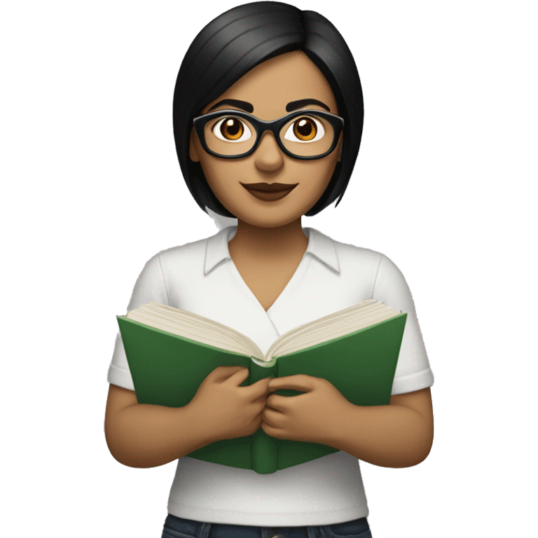 Hispanic woman with short straight black hair  and dark glasses with a book emoji