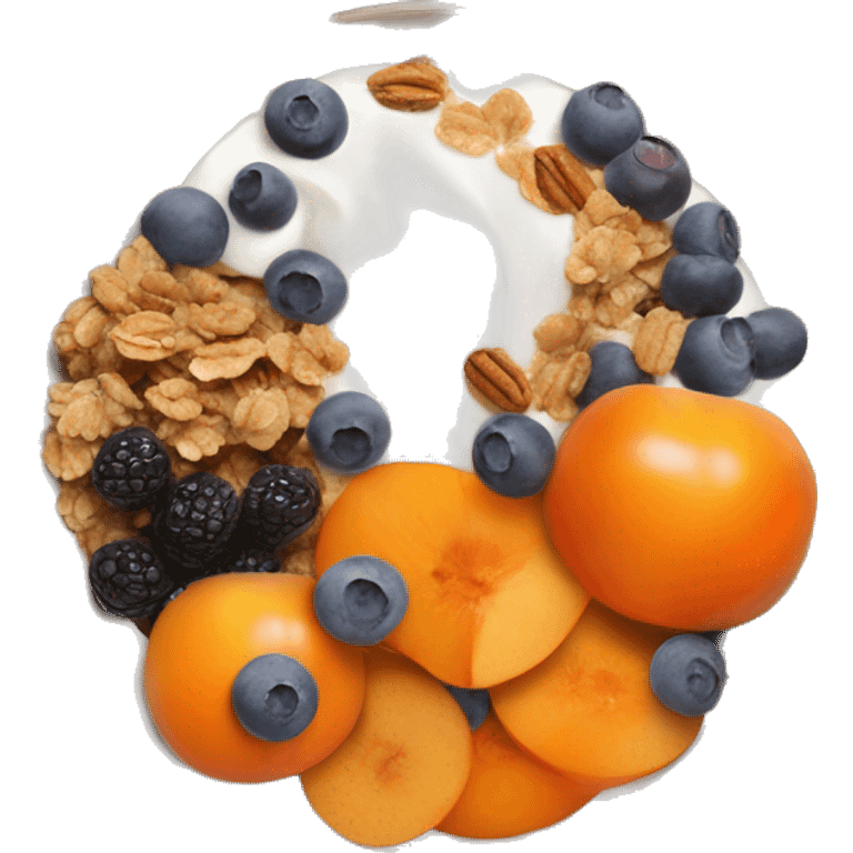 fruit bowl with persimmons, yogurt, chocolate chips, blueberries and granola emoji